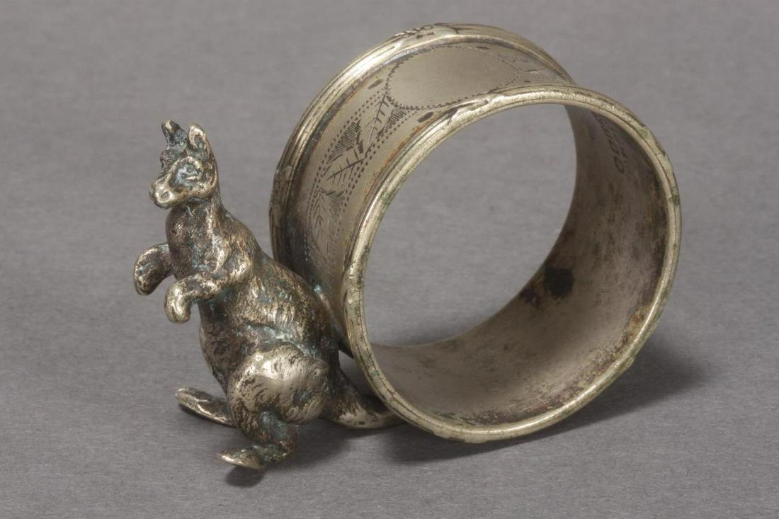 English Silver Plate Figural Napkin Ring,: with kangaroo