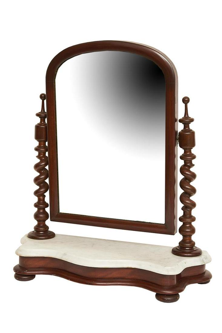 Victorian Toilet Mirror,: set with a central mirror, flanked by a pair of barley twist supports, above a white marble serpentine top on bun feet, h 75cm