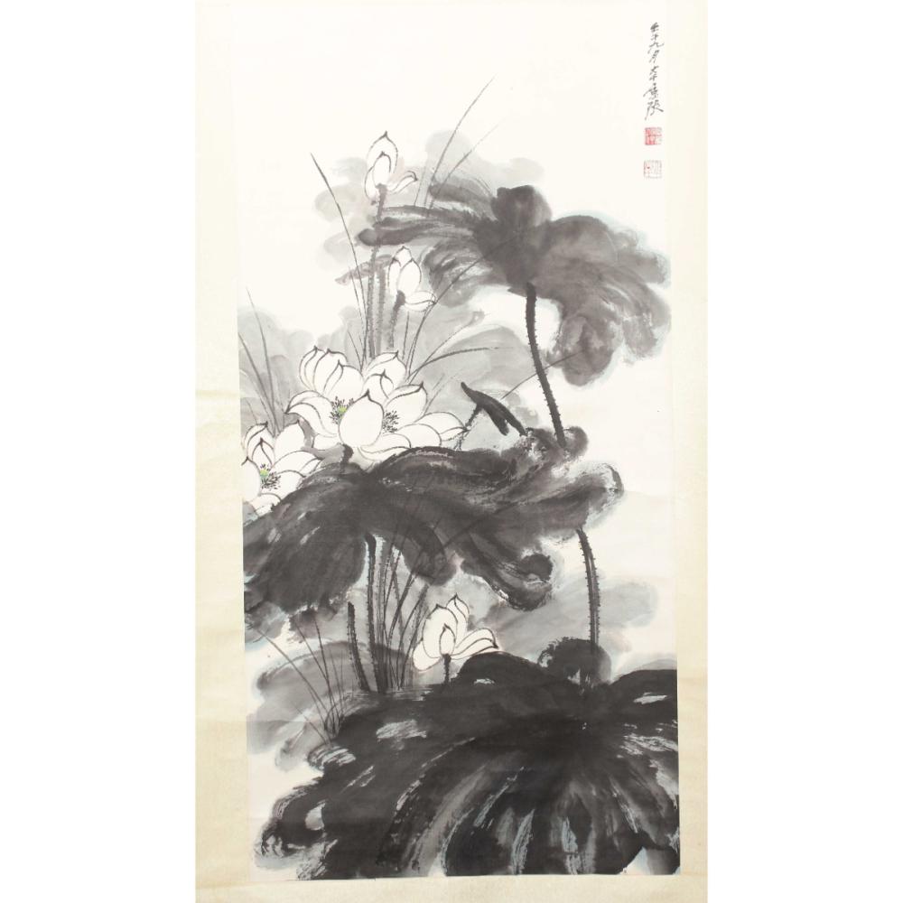 Chinese Scroll,: depicting lotus flowers, in tones of black and green, signed upper right, 95cm x 47.5cm