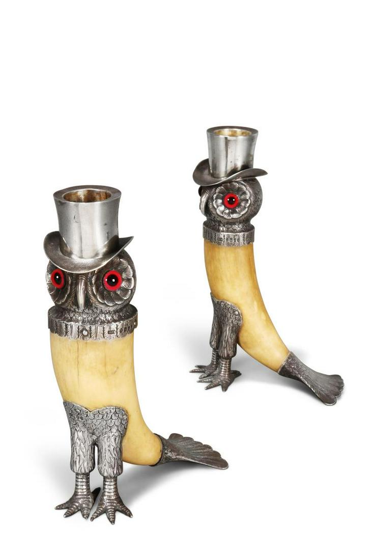 Extremely Rare Pair of Victorian Sterling Silver: Novelty Candlesticks, hallmarked London, 1877, William Frederick Williams, each in the form of an owl, beautifully displayed with silver top hats, silver head set with red and black glass eyes on a bo
