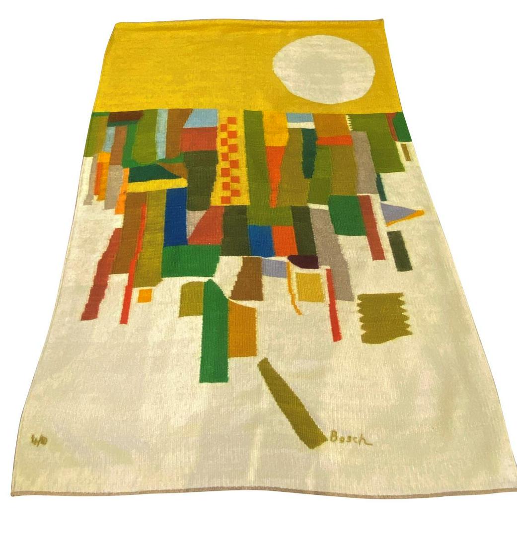 Royal Lesotho Weavers Tapestry,: of rectangular form, featuring a work after Lillian Bosch (American/Australian, born1934), displaying an abstract form, in rich tones of green, red, and yellow, signed and numbered 4/10 in weave, 216c