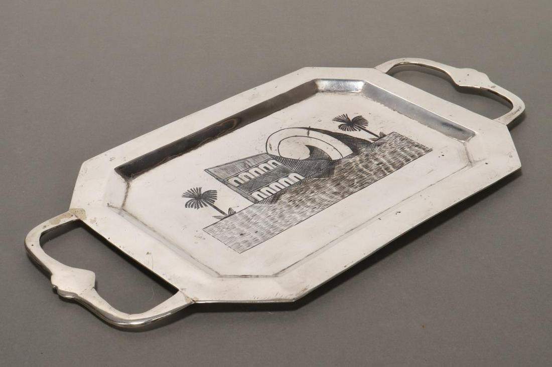 Eastern Silver Twin Handled Tray,: of rectangular form, decorated with an image of palm trees and architectural building, total weight 421gm, length 33cm
