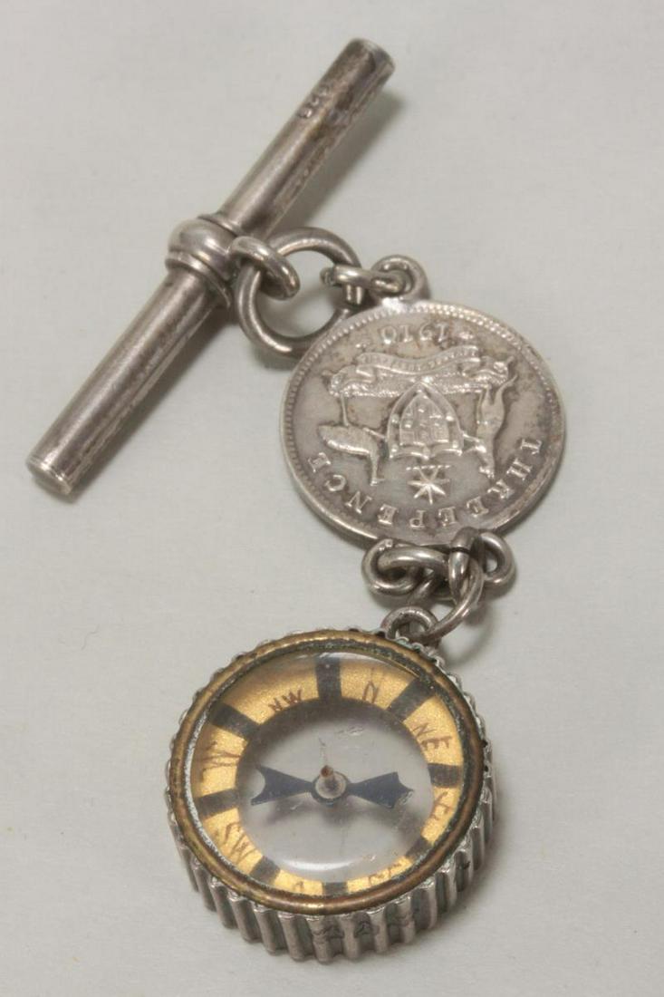 Sterling Silver Albert Chain Brooch,: with small compass and coin, length 6.5cm