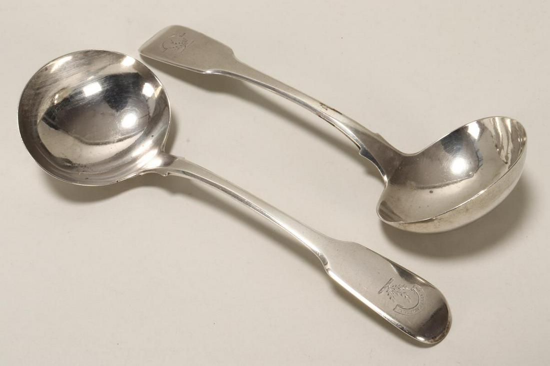 Pair of George III Sterling Silver Sauce Ladles,: hallmarked London, 1817, S.B.//I.B, (Sarah and John William Blake), in fiddle pattern, with oval bowl, total weight 109gm, length 17cm (2)