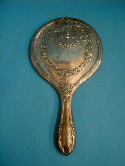 English Sterling Silver Hand Mirror,: hallmarked, Birmingham, 1916, decorated with garlands and ribbons