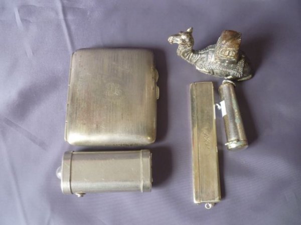 FIVE Silver Plate Items,: Including Silver Plate Pocket Comb and Case, Cigarette Case, Torch, Camel Lighter and Case, (4)