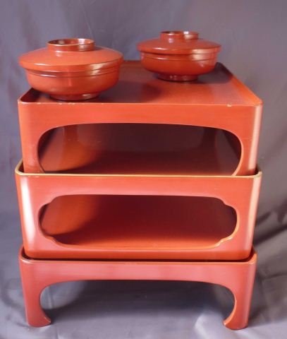 Three Chinese Red Lacquer Tea Tables, together: with two matching bowls and covers, (5)
