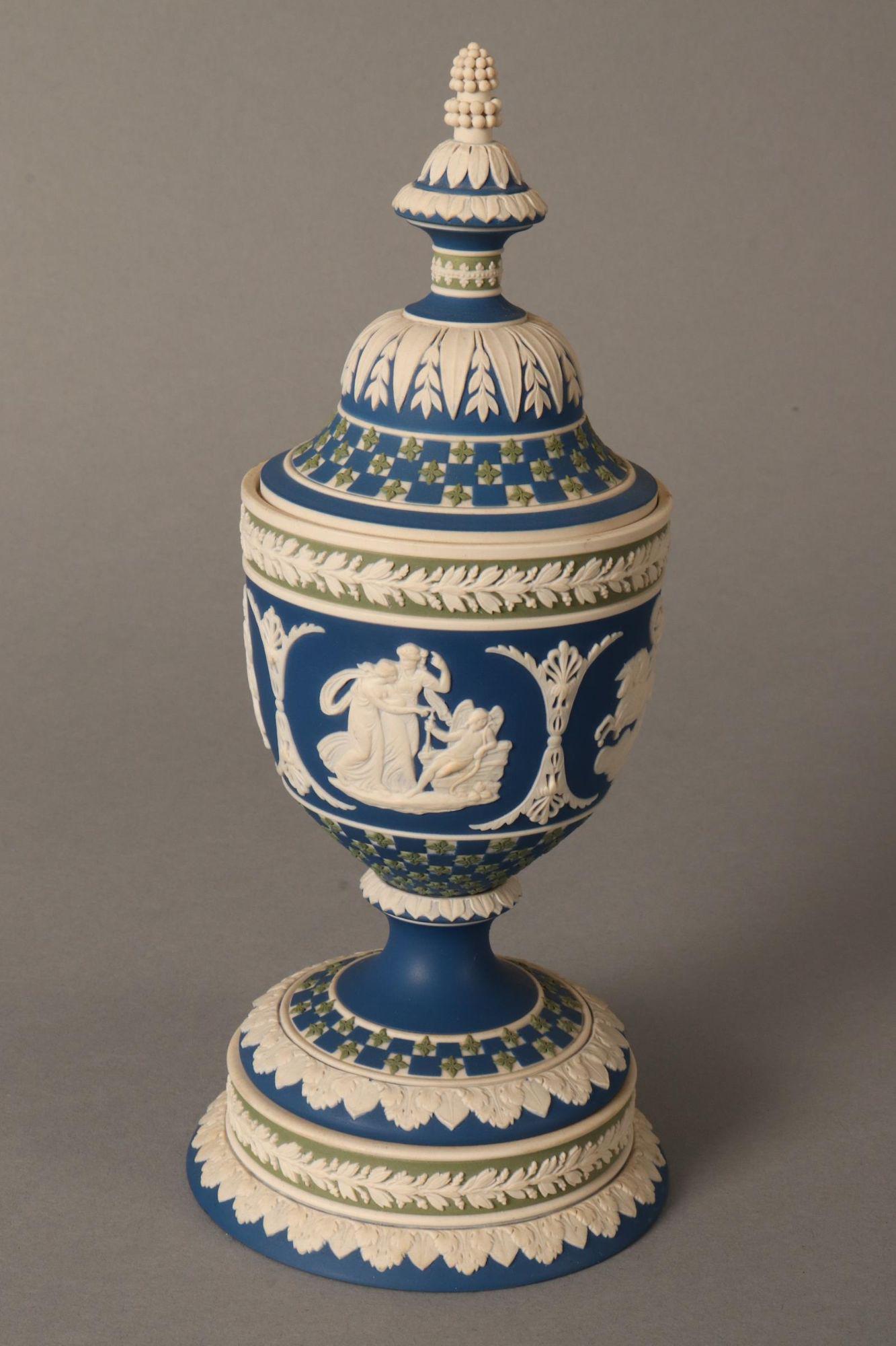 Wedgwood Masterpiece Series Athena Vase and Cover,: marked No.106AW to base, Made in England, with original box and papers, edition 106/200, in royal blue, sage green and white jasper, height 24cm