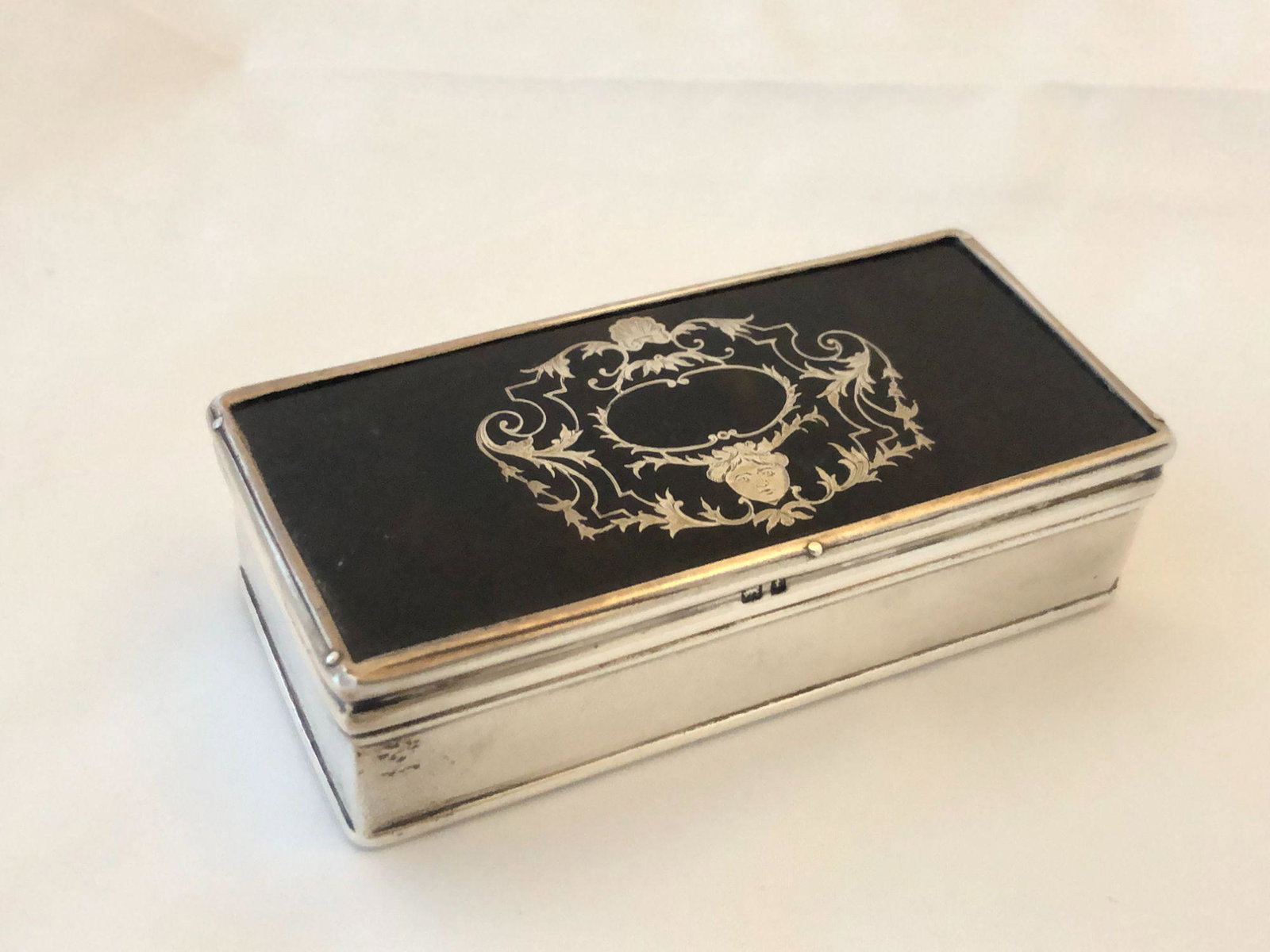Edwardian Sterling Silver & Tortoiseshell Trinket: Box, hallmarked Birmingham, 1905, CS*FS (Cornelius Saunders and Francis Shepard), of rectangular form, the hinged cover set with tortoiseshell panel and decorated with neoclassical sterling silver inl