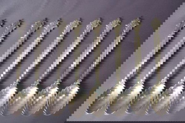 Set of Eight Georg Jensen Teaspoons,: in acanthus pattern, designed by Johan Rohde