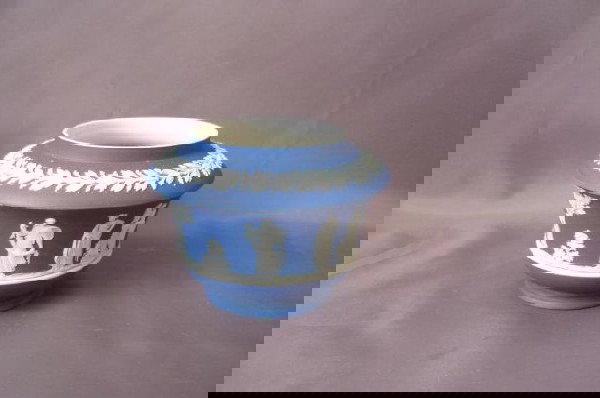 Wedgwood Blue and White Jasperware Pot,: decorated with classical figures