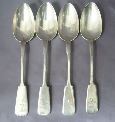 Set of Four Russian Silver Spoons,: in fiddle pattern, (4)