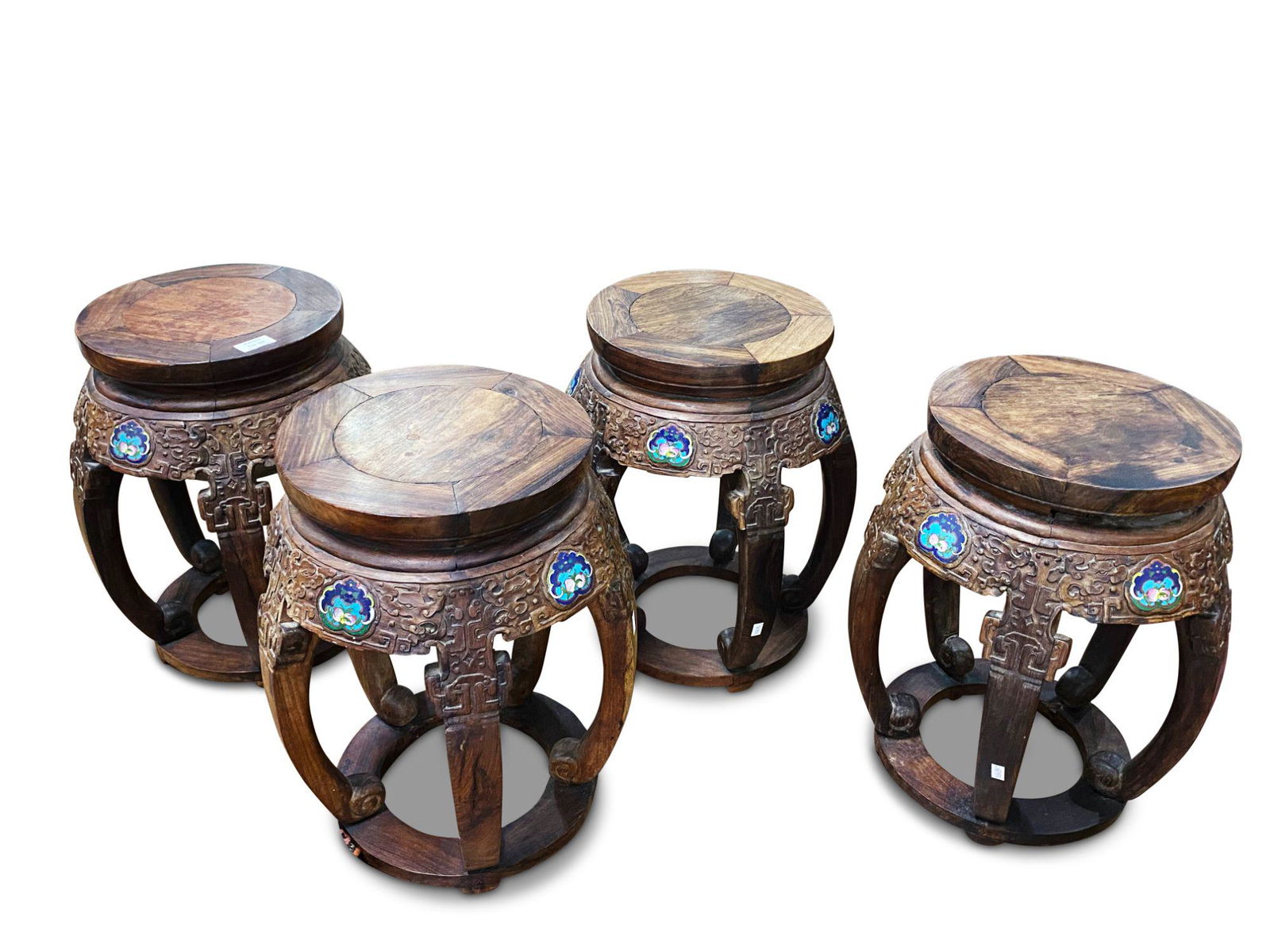 Set of Four Chinese Hardwood and Cloisonne Stools, (1 of 3)