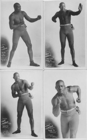 An original glass plate negative of Jack Johnson: one of several promotional photographs prepared in London for the forthcoming World title fight with Tommy Burns in Sydney 1908; with 4 original postcards, including this one - 3 of which are not in t