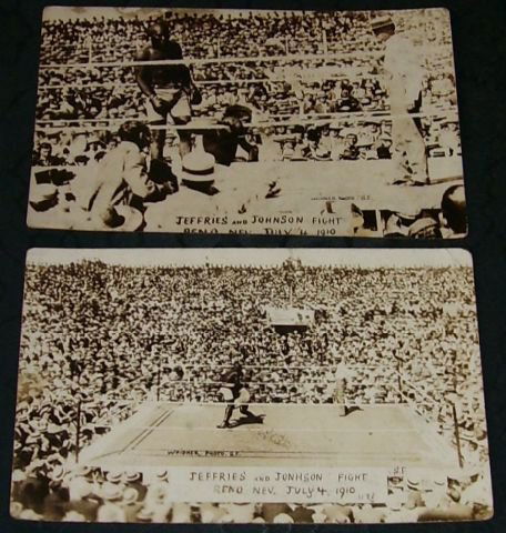 Two original postcards of the Johnson-Jeffries: match on July 4 1910 at Reno, in good condition t/w 4 different copies of Boxing (UK) with covers connected to this fight, including 25 June (article by Jack Johnson), 16 July (Champion of the World),