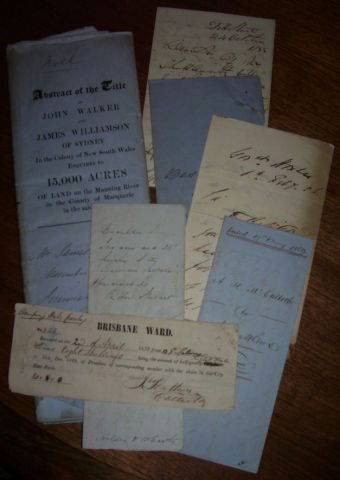 1850s Estates: Abstract of title of John Walker & James Williamson to 15,000 acres on the Manning River dated November 1855; a surveyor’s description of land at Balls Head 1852; A description of a parcel of land f