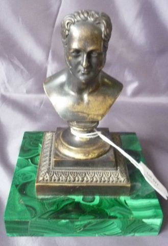 Russian Bronze Bust of Alexander,: mounted upon a malachite base, h 15cm