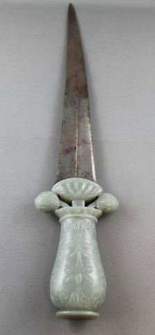 Rare Chinese/Persian Celadon Jade Handled Dagger,: the handle carved in the form of a vase sprouting lotus bus and leaves, possibly 19th Century, l 34cm