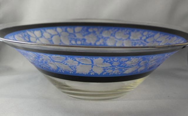 Stuart Blue and Blacked Etched Glass Bowl,: of spreading form, decorated with a continuous frieze of flowers in a blue and black banded border, d 32cm