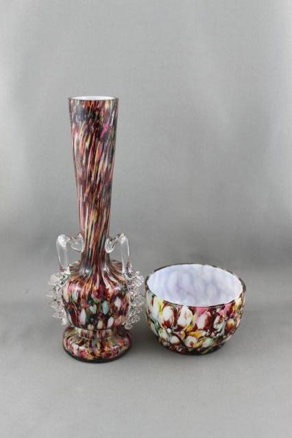Edwardian Multi Coloured Glass Vase,: together with matching bowl, (2)