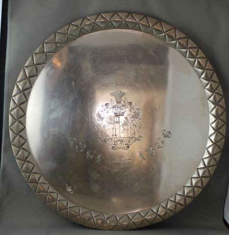 Good Russian Silver Circular Salver,: of circular form, with trompe loi woven border, and engraved with central armorial, impressed Russian marks, d 35.5cm