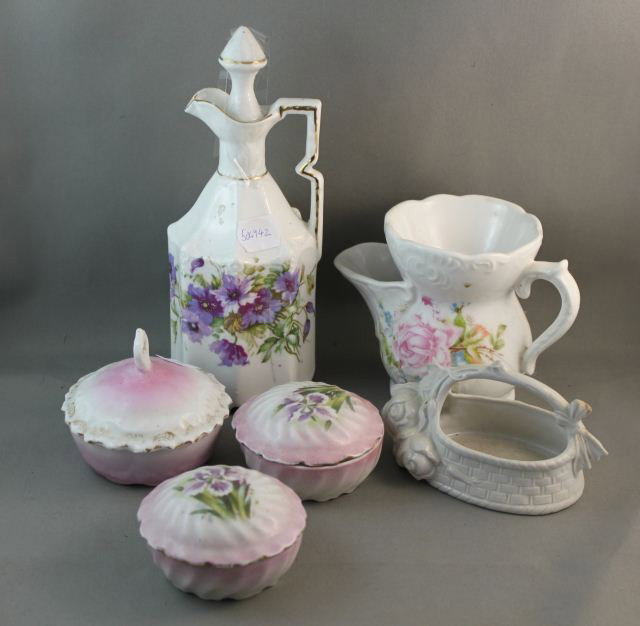 Assorted Victorian and Edwardian Porcelain,: including three covered dishes, oil jug and shaving cup, (6)