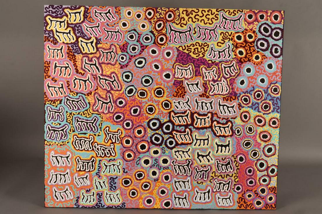 Kelly Napanangka Michaels (Aboriginal, born 1965),: Majarrdi Jukurrpa (Ceromonial Dancing Skirt Dreaming) acrylic on linen artist name inscribed verso 91cm x 107cm With Certificate of Authenticity from Warlukurlangu Artists Aboriginal Corporation 2011.