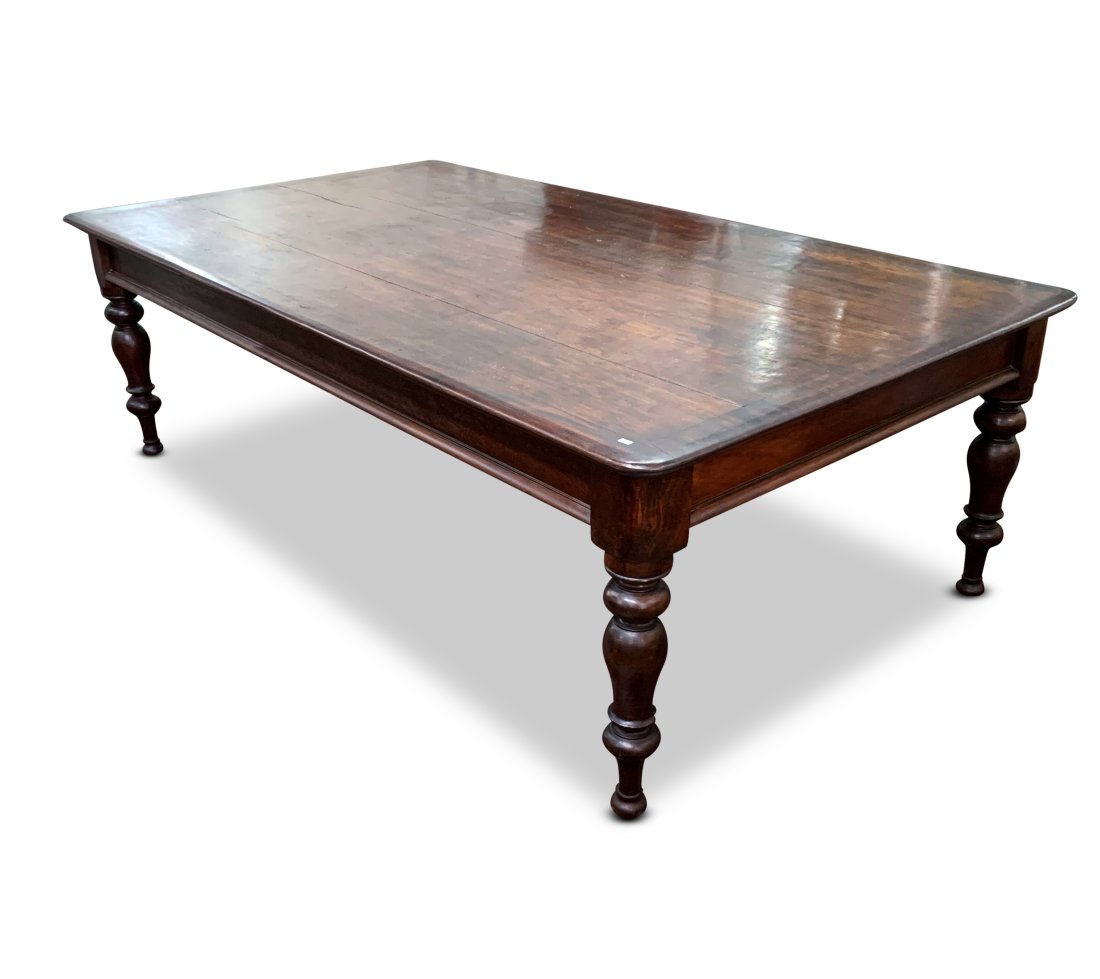 Large Australian Cedar Colonial Dining Table,: of wonderful wide proportions, set with three wooden planks to the top, upon four heavy turned legs, 76cm x 143cm x 133cm