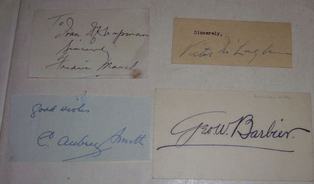 Hollywood 1930s: Four original 1930s autographs on pieces or cards including actors Frederic March, Victor McLaghan, George Barbier and C. Aubrey Smith.