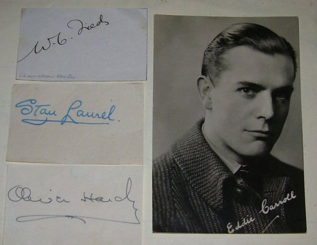 WC Fields & more: Three great autographs including WC Fields, Stan Laurel and Oliver Hardy (all mid 30s), and an original postcard of Eddie Cantor (St Georges, London stamped to reverse).
