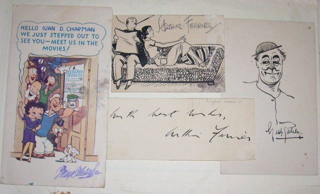 Max Fleischer & more: Four pieces involving cartoonists of the 1930s, including a signed one-off postcard to Ivan Chapman from Max Fleischer (some damage to middle right), one by Arthur Ferrier, London cartoonist of the gl