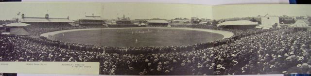 Cricket Panorama 1903: A three part panorama of the Sydney Cricket Ground showing the record crowd Aust v England (Graphic No. 2), 9 x 43 cm, two folds (H & B Panoramic Letter Card, Auckland Nov 1903) in unused good conditi