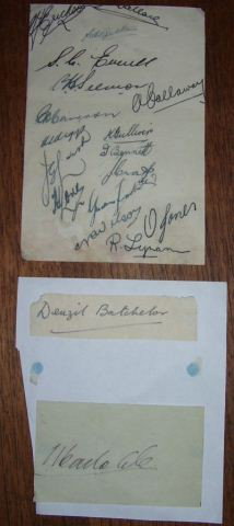 Sporting autographs: 4 pages in total inc an unknown NSW cricket team c1930 (Sam Everett, Ginty Lush, CallawayGulliver, 15 sigs), F Stanley Jackson (England captain 1905), Ern Bromley, Denzil Batchelor (boxing author), th