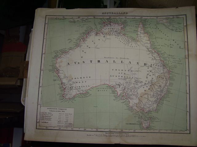 Australland, 1841: A map of the colony with some statistics for 1841, produced in Germany, 32 x 40 cm, some staining; t/w with maps Australien und Polynesian, from Steilers Hand Atlas 33 x 41 cm, Oceania by Keith Johnso