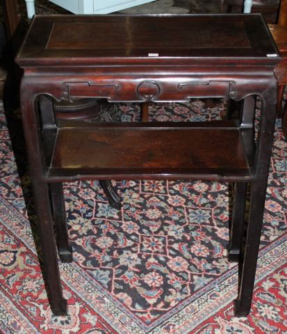 Early Chinese Rosewood Two-Tier Altar Table,: the rectangular top with molded edge leading to a short shelf, each with burr elm inserts, all rest of square turned supports. width, 59cm. depth, 28cm. height, 85cm
