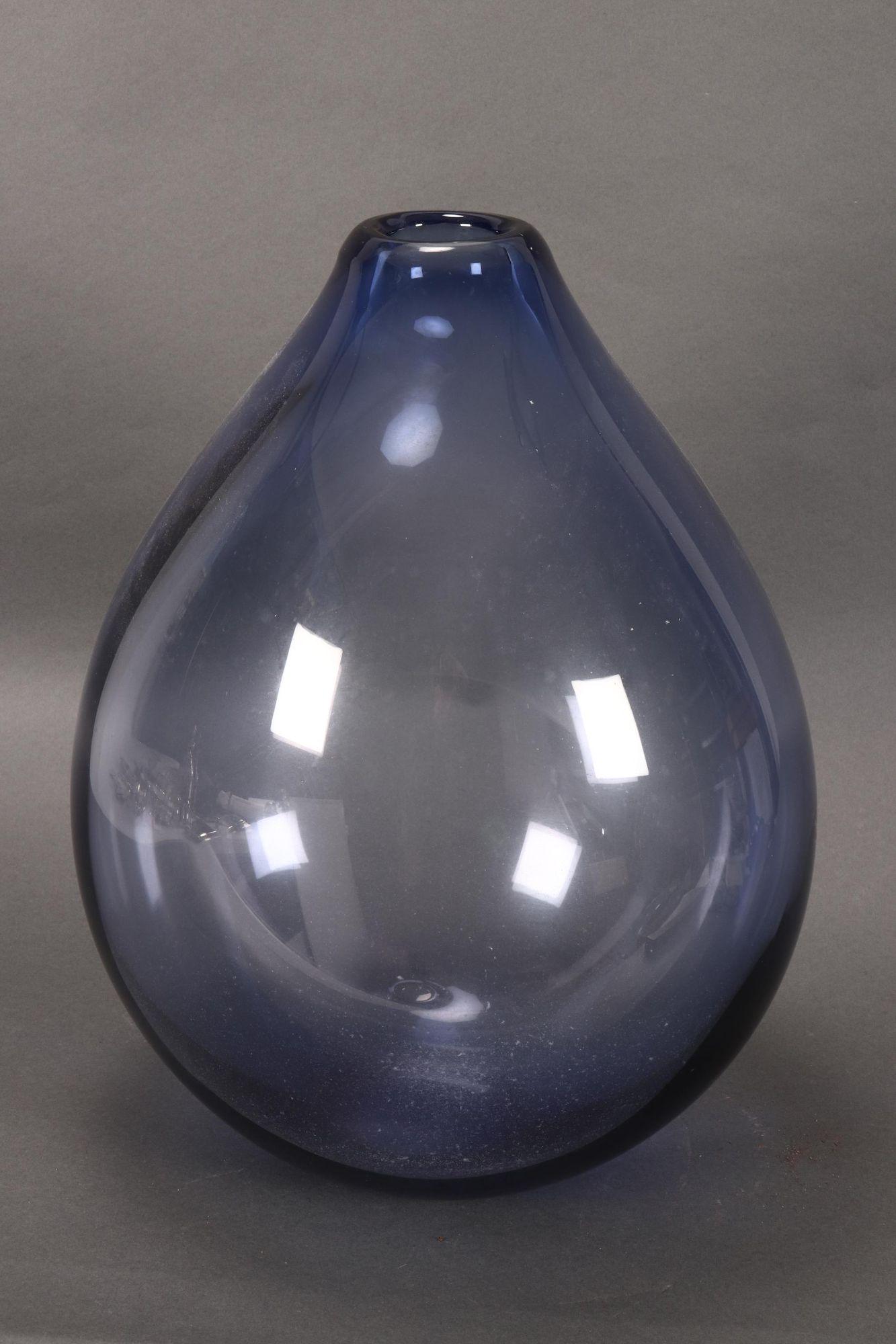 Large Holmegaard Art Glass Drop Vase,: of large drop form with rounded rim, in blue glass, engraved with monogram of Per Lutken, 'Holmegaard' and '15472', height 47cm