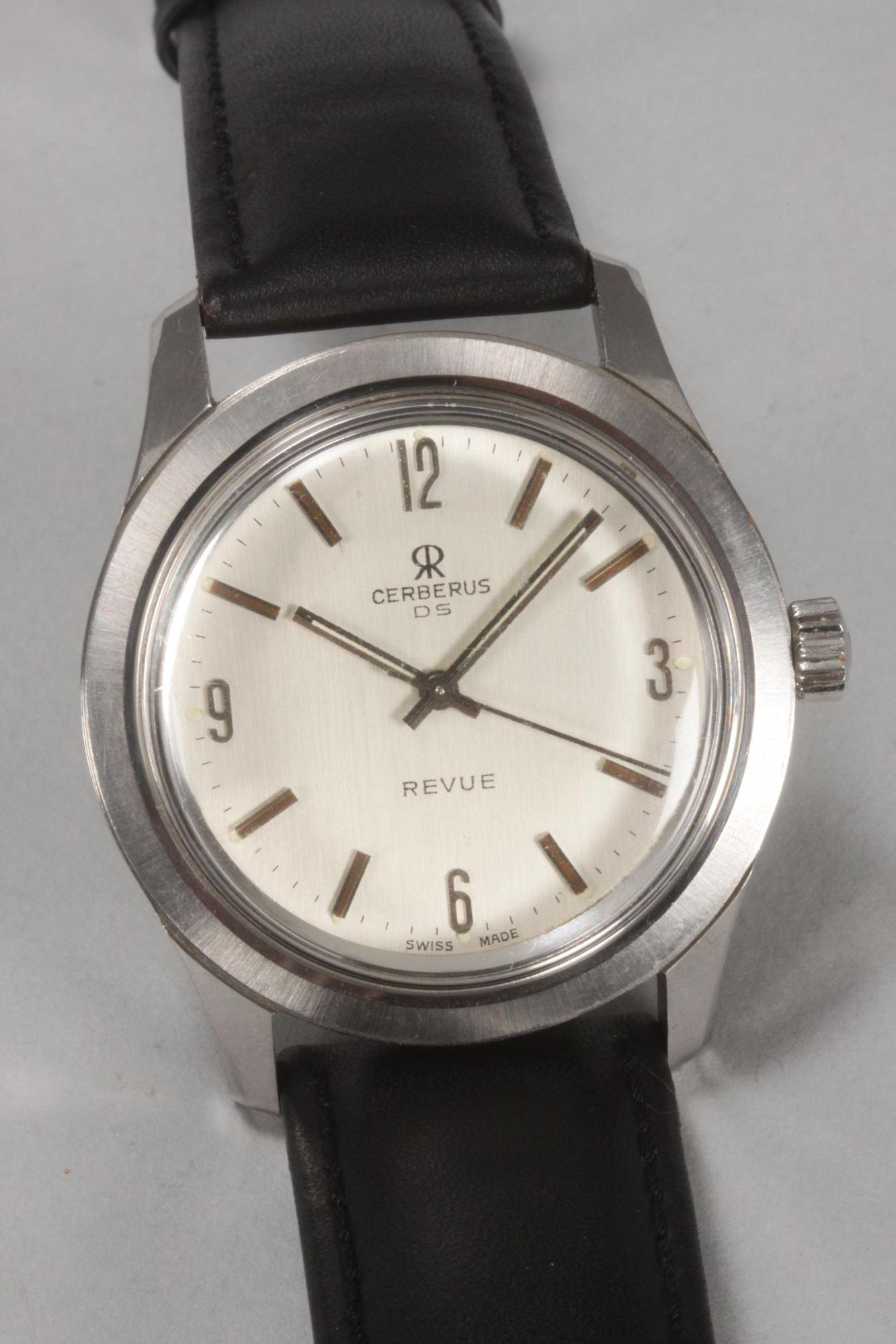 Gents Cerberus DS Revue Watch,: c1960s, set with brushed silver dial, stainless steal case, swiss movement, T4328A, case diameter 40mm, currently winding and running, with after market black leather strap
