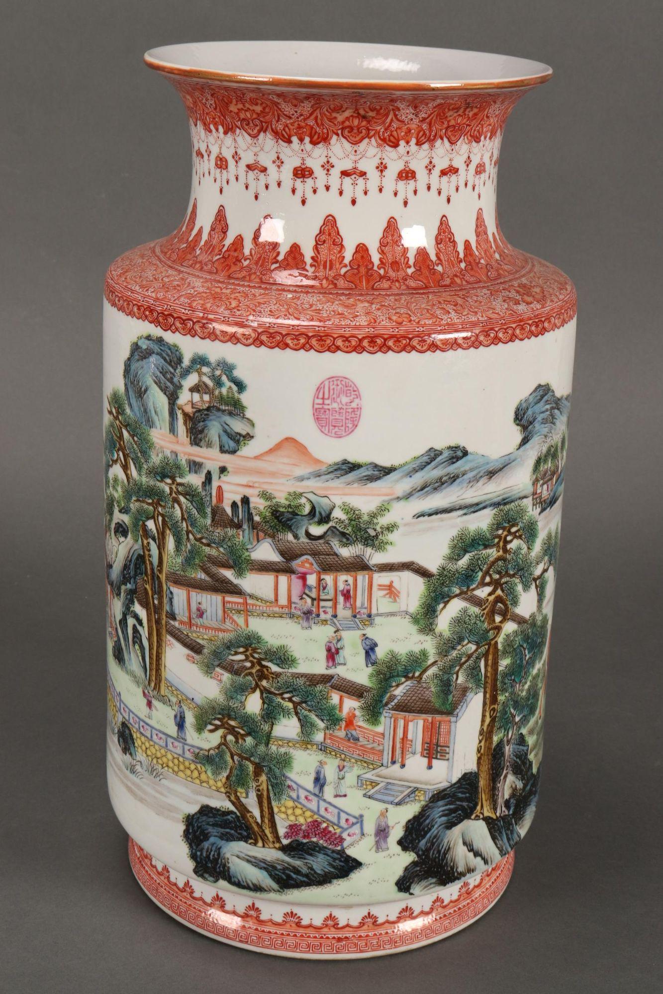 Chinese Porcelain Vase,: of handsome proportions, with waisted neck and cylindrical body, decorated with continuous scene of house, horses, lakes and mountains, in rich tones, with fine painted borders, seal marks and seal ma