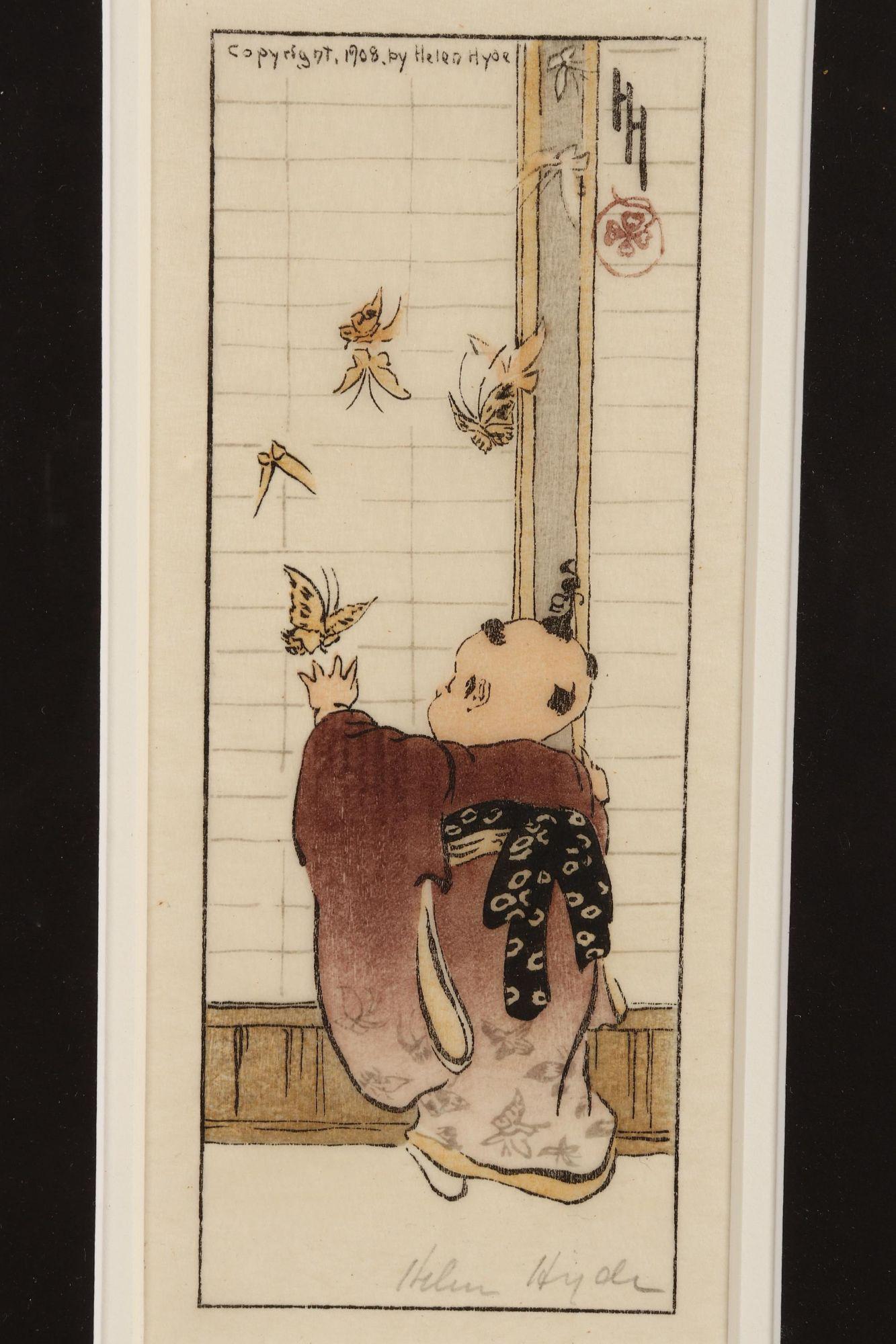 Helen Hyde (American, 1868-1919) Woodblock Print,: Butterflies signed lower right 18cm x 7cm
