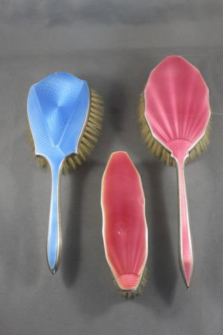 Edwardian Sterling Silver Guilloche Hair Brushes,: in pink and blue, (3)