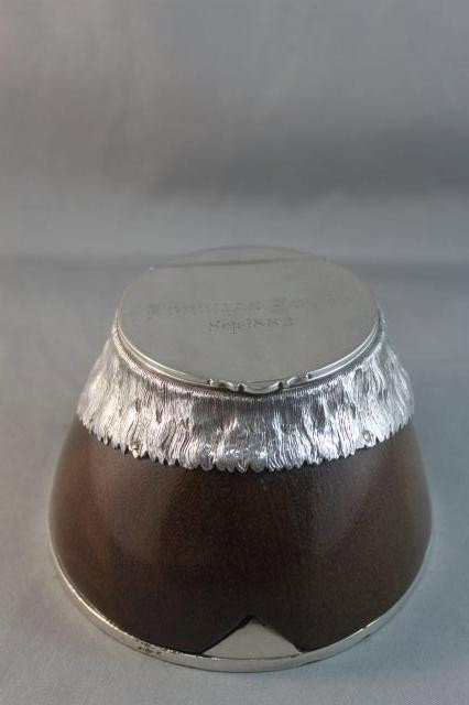 Wonderful 19th Century Silver and Wood Inkwell,: by Rowland Ward & Co,in the form of a horses hoof, with hinged silver circular cover, with silver textured fur on wood base and horse shoe, inscribed "FOREMAN EGYPT// Sept 1882", h 8cm, d12cm