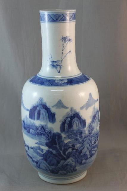 Chinese Blue and White Porcelain Vase,: with cylindrical neck and ovoid body decorated with mountain landscape, double circle mark to base, h 24cm