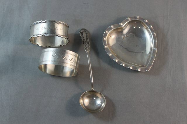 Sterling Silver Salt Spoon, Together with a: sterling silver heart shaped dish and two napkin rings, (4)