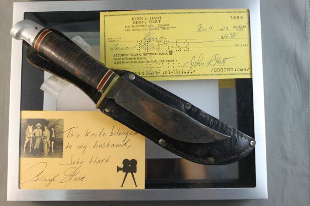 Rare Signed and Framed Bowie Knife ,: From the personal collection of John Hart(televisions Lone Ranger ) , with a signed authentification from his wife , together with a signed franked cheque drawn against his account, Length of Knife 26