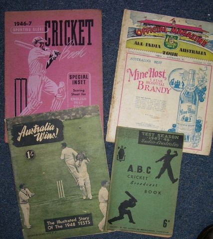 Bradman era programs: Four good items including the Sporting Globe 1946-7, the ABC Cricket broadcast book for 1947-8, the scarce All India Tour magazine for the Australia v India game at the SCG (Nov 14 1947) and Australia