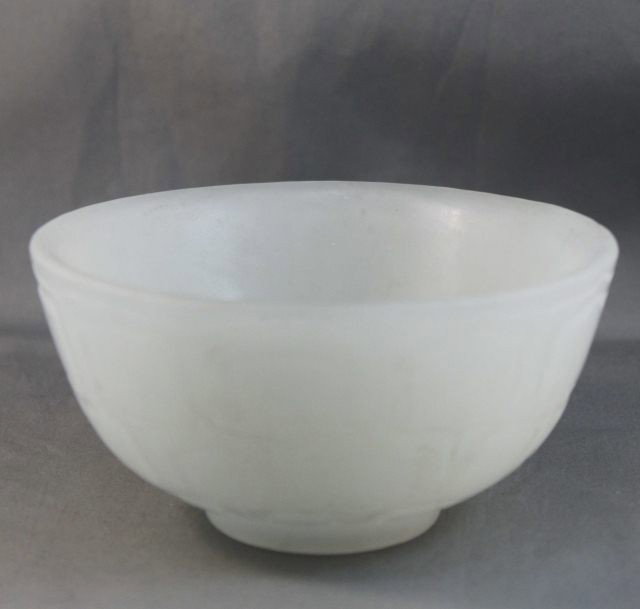 Chinese White Glass Bowl,: with incised ogee panel motifs to surface, d 11.5cm