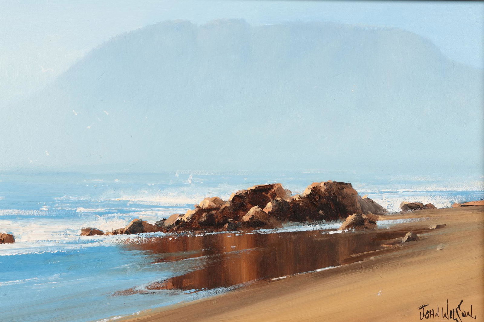 John Murray Wilson (1930-2021): Beach Reflections Lighthouse Port Macquarie oil on board signed lower right 28.5cm x 43cm