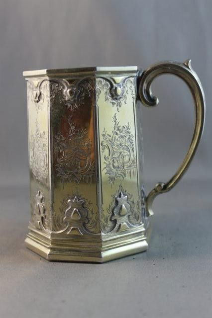 Wonderful Late Victorian Gilt Sterling Silver: Tankard, hallmarked, London, 1872, Charles Thomas and George Fox, of octagonal form, beautifully accented with a applied gothic frieze to the upper lip and lower base, with central monogram,flanked by