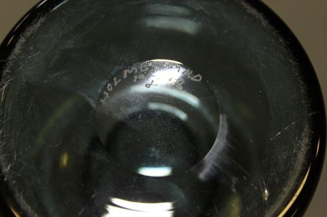 Holmegaard Per Lutken Glass Vase, c.1958: with a spreading, long cylindrical neck and wider cylindrical body, incised factory, date and signature verso, h 28cm