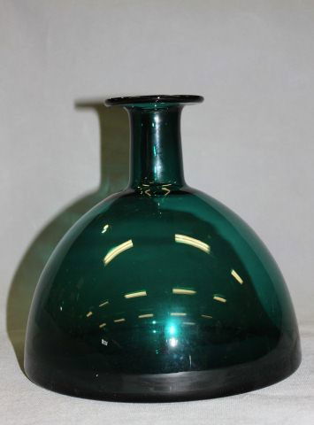 Holmegaard Per Lutken Glass Bottle Shaped Vase,: c. 1962, in green glass, with a spreading lip, cylindrical neck and mallet shaped body, incised factory, date and signature marks to base, h 21cm